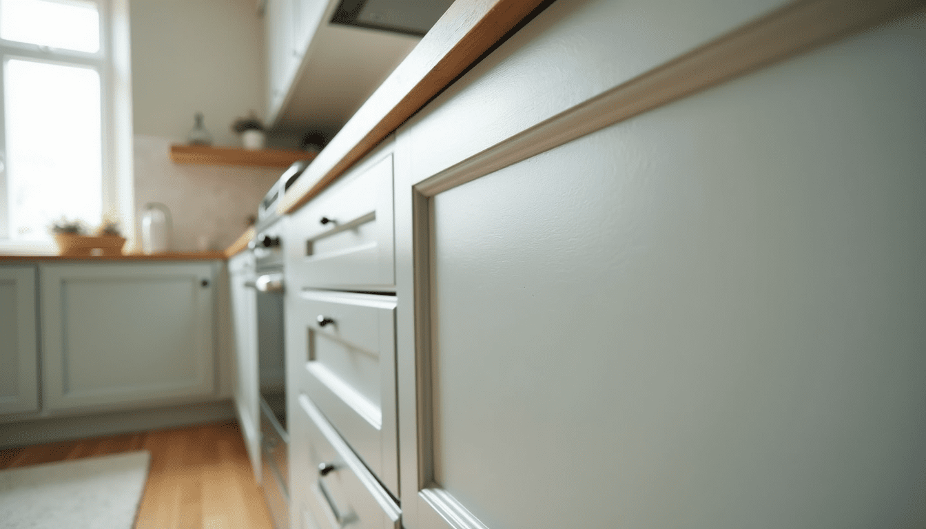 Close-up view of freshly painted kitchen cabinets with a smooth finish