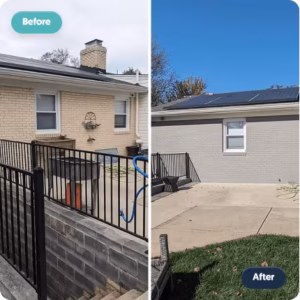 Before and after of a Maryland brick home exterior repainted from dated tan to modern grey by Precision Paintworks