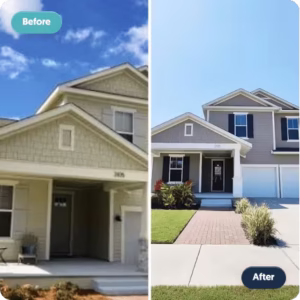 Before and after exterior painting transformation of a two-story home, from dated green siding to fresh greige with white trim and a dark front door