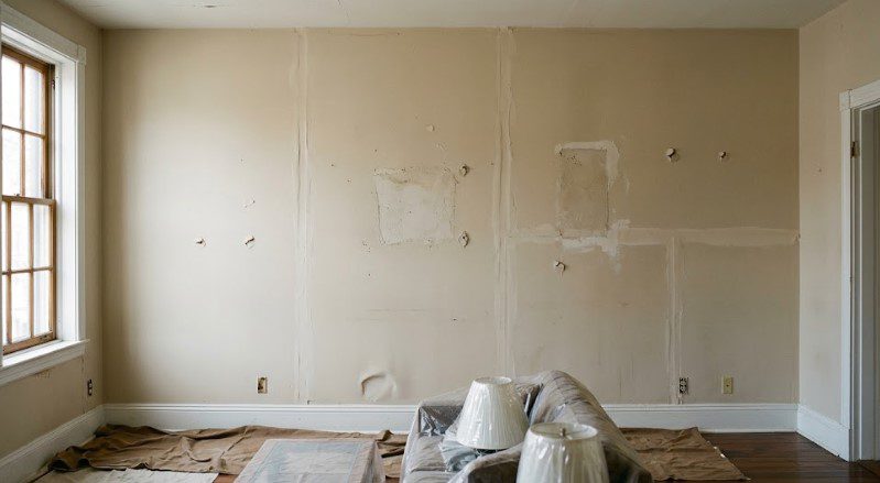 Living room wall with multiple drywall patches, filled holes, and covered furniture before skim coating