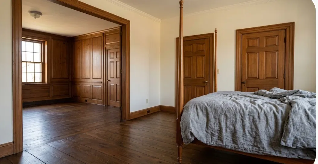 Bedroom with warm off-white eggshell walls, wood trim and doors, dark hardwood floor and a four-poster bed