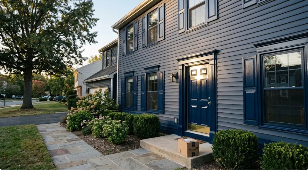 Blue-gray colonial exterior with darker blue trim and a navy front door, flagstone path and shrubs