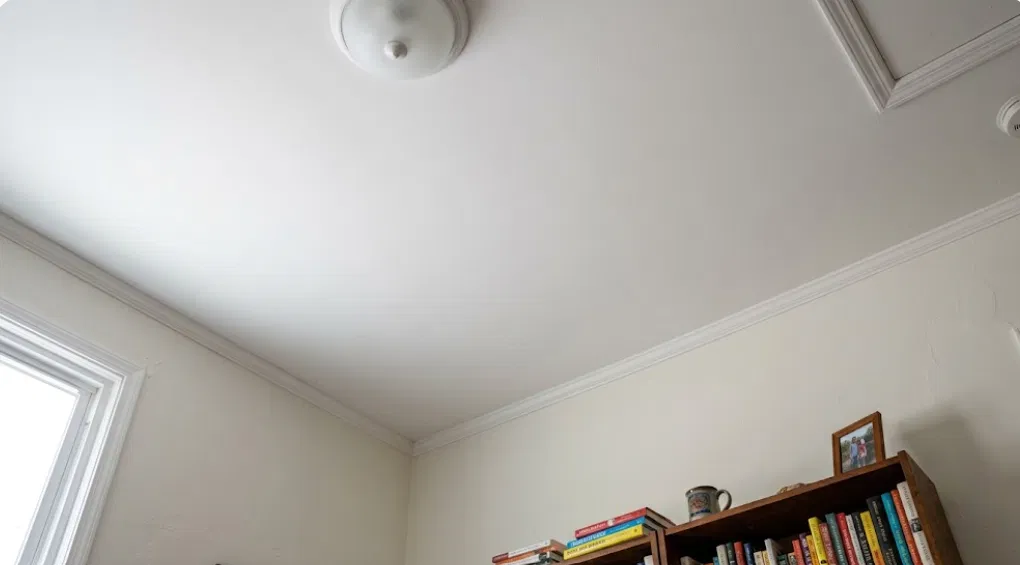 Flat white ceiling with crown molding in a room with soft natural light and a bookshelf below