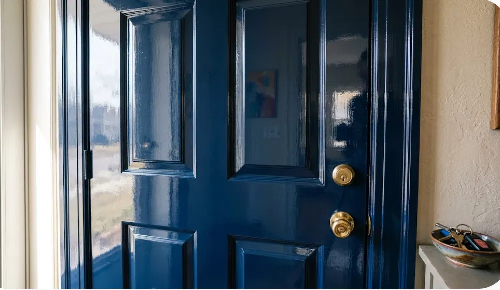 Deep blue front door in high-gloss finish reflecting light, with brass hardware