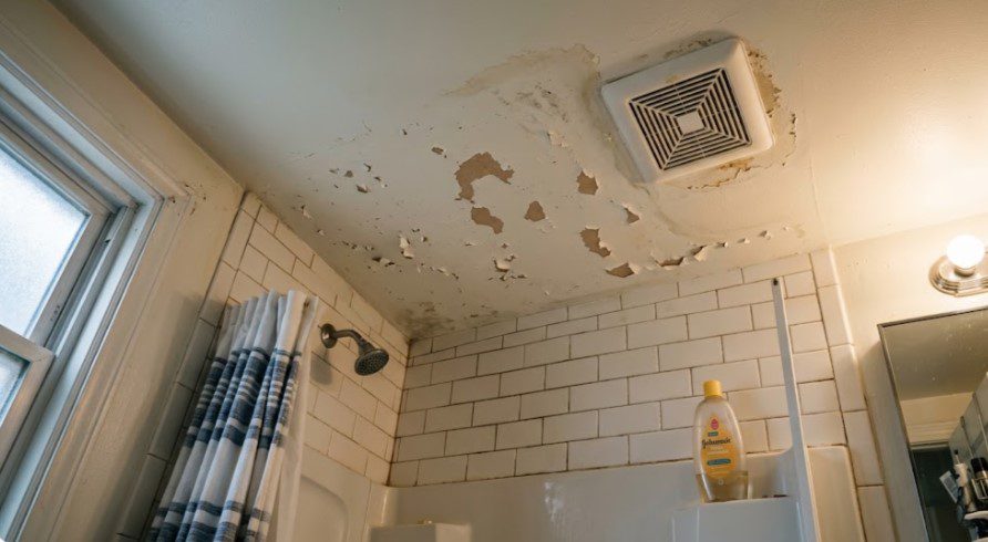 Severely peeling paint on bathroom ceiling around exhaust fan with white subway tile and shower curtain in a DMV home