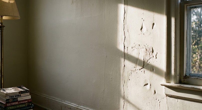 Sunlight revealing cracks, peeling paint, and wall imperfections near a window in a DMV living room with lamp and books
