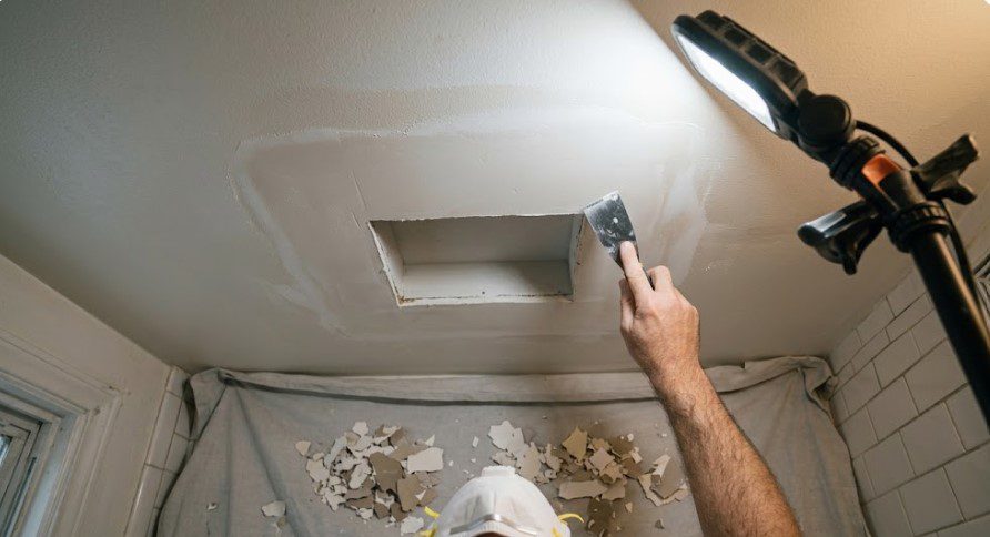 Painter in a respirator scraping peeling paint from a bathroom ceiling around the fan opening, debris on a drop cloth