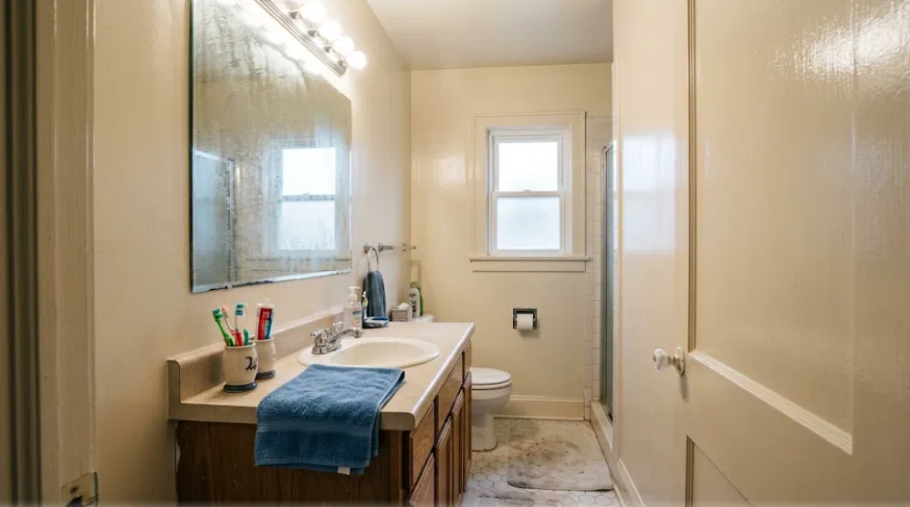 Bathroom with pale semi-gloss walls, a vanity, mirror and window, the sheen visible on the door