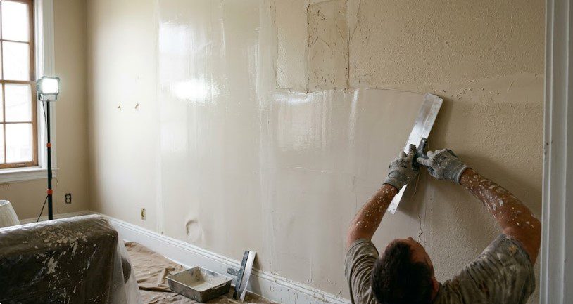Painter applying skim coat with a wide trowel to hide wall imperfections and old patches