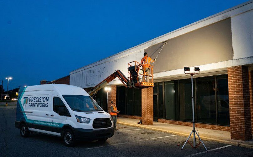 Painter on a boom lift painting a storefront fascia at night under floodlights, with a spotter and a Precision Paintworks van