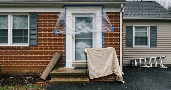 plastic taped over a freshly painted front door and trim on an Olney, MD brick home as rain approaches