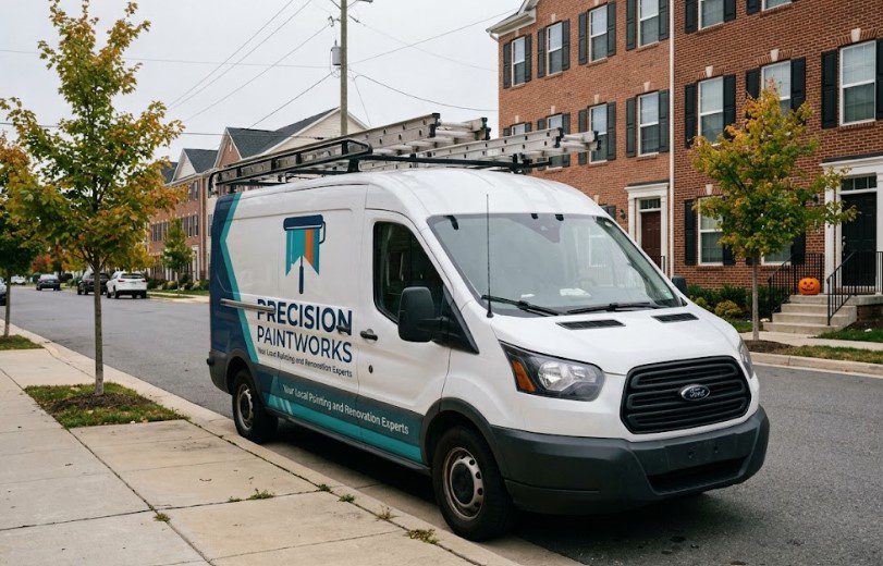 Precision Paintworks van with ladders on the roof, parked outside brick townhomes