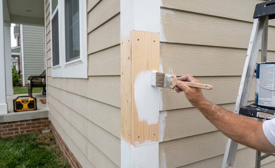 Painter brushing white primer onto a new bare-wood corner board on a house with tan siding