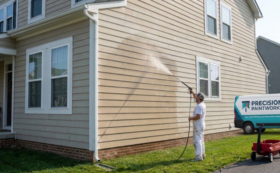 Painter power washing tan lap siding on a two-story house, with a Precision Paintworks van parked in the driveway
